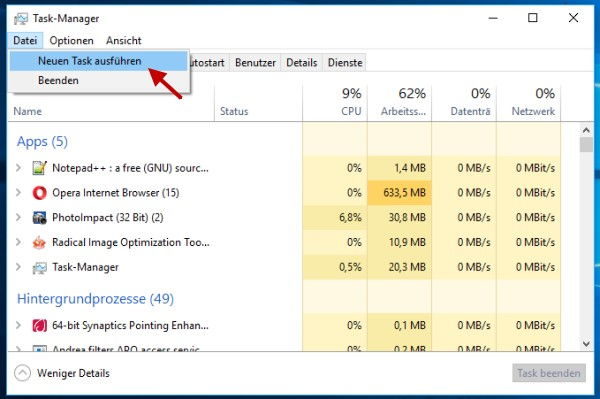 Erweiterte Eingabeaufforderung aus dem Task-Manager öffnen