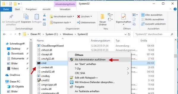 Erweiterte Eingabeaufforderung aus dem Datei Explorer öffnen