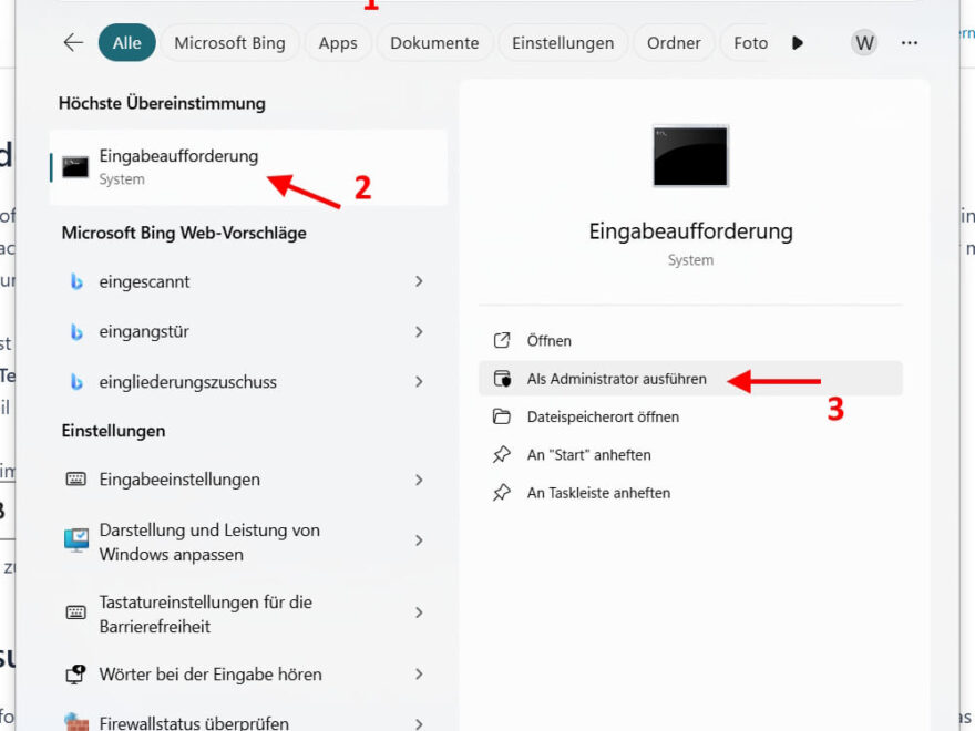 Eingabeaufforderung in Windows 11 über die Suche als Administrator öffnen