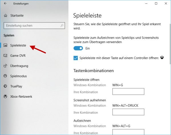 Einstellungen Spieleleiste von Windows 10