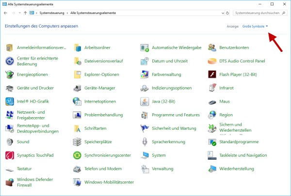 Systemsteuerung in der Ansicht große Symbole