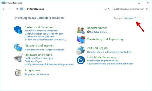 Systemsteuerung in der Ansicht Kategorie