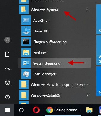 Systemsteuerung öffnen im Startmenü von Windows 10