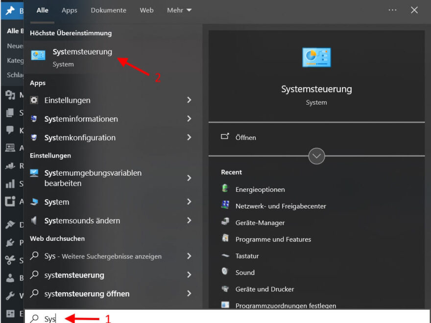systemsteuerung oeffnen suche