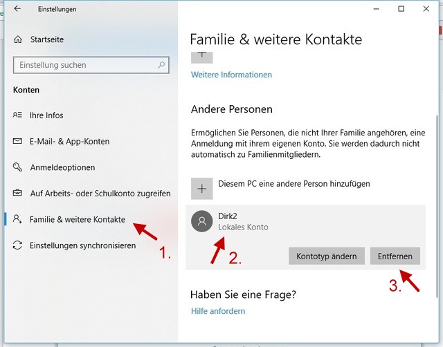 Windows-Einstellungen Familie und weitere Kontakte