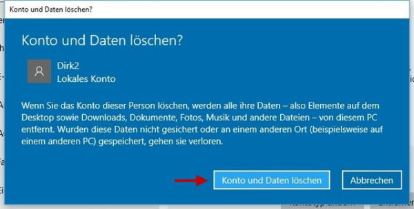 Benutzerkonto löschen Sicherheitsabfrage
