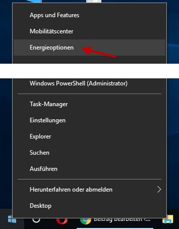 Energieoptionen über das alternative Startmenü öffnen