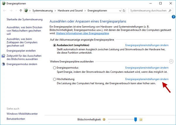 Energieoptionen Energiesparpläne wiederherstellen