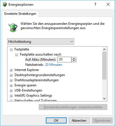 Erweiterte Energieeinstellungen ändern