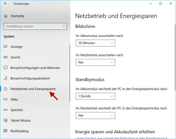 Einstellungen für Netzbetrieb und Energiesparen in den Windows-Einstellungen