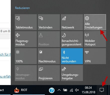 Windows-Einstellungen öffnen im Action-Center