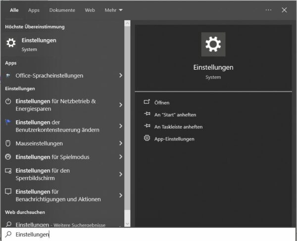 Windows-Einstellungen öffnen über Suche Windows-Einstellungen öffnen über Suche