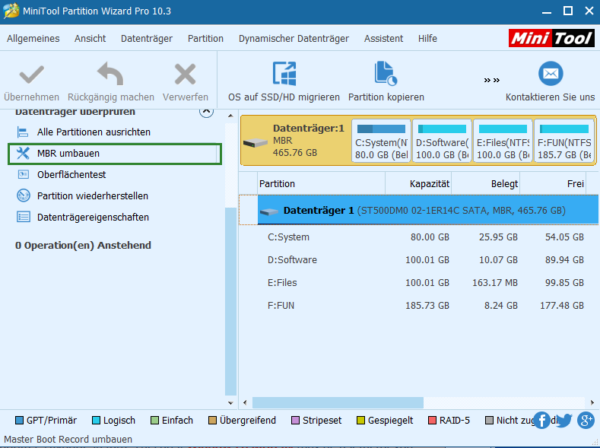 MiniTool Partition Wizard MBR umbauen Screenshot