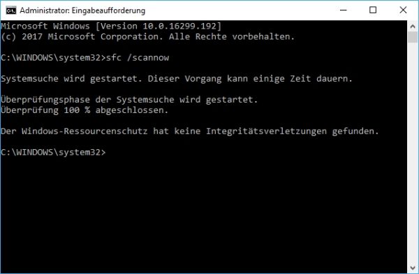 Überprüfung der Systemdateien bei Windows 10 abgeschlossen