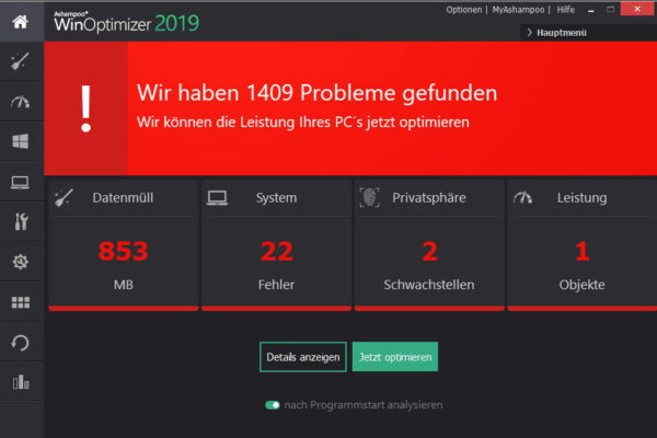 Ashampoo WinOptimizer 2019 erkennt Schwachstellen und Probleme