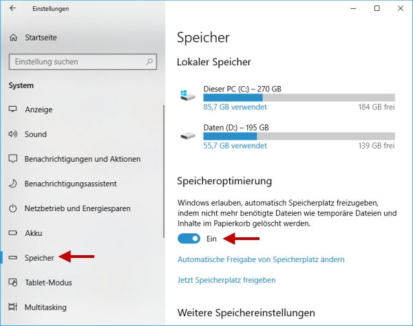 Einstellungen - Speicher - Speicheroptimierung