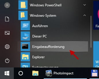 Eingabeaufforderung öffnen über das Startmenü
