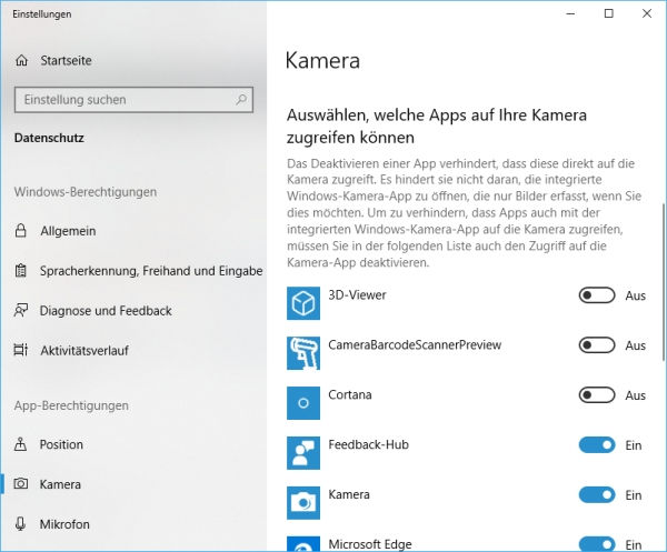 Kamerazugriff für App deaktivieren oder aktivieren