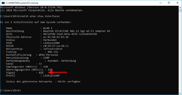 WLAN Stärke unter Windows 10 anzeigen