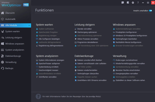 Ashampoo WinOptimizer FREE Übersicht Module