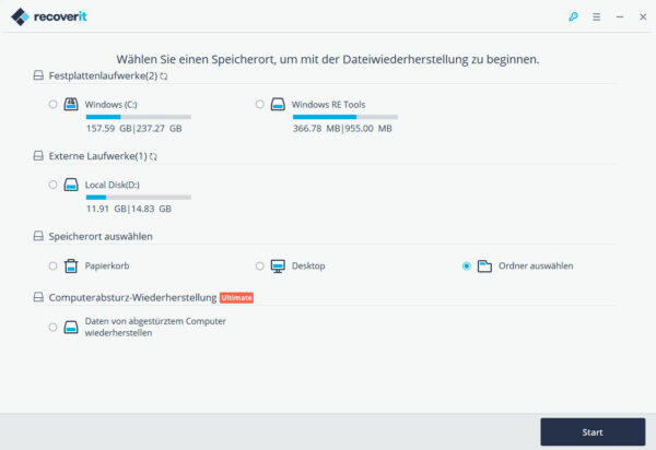 Auswahl des Datenträgers oder Verzeichnisses für die Datenwiederherstellung