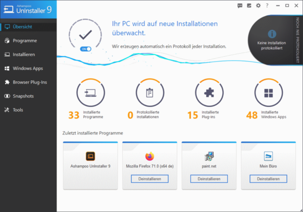 Ashampoo UnInstaller 9 Hauptfenster