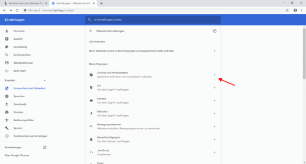 Option Cookies und Websitedaten