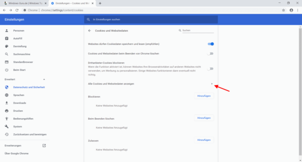 Chrome Einstellungen Cookies und Websitedaten