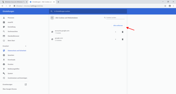 Chrome Einstellungen Alle Cookies und Websitedaten anzeigen