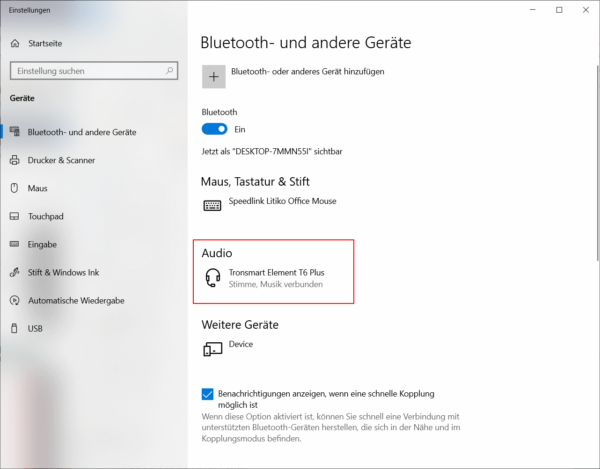 tronsmart t6 plus einstellungen windows 10 Bluetooth-Verbindung hergestellt