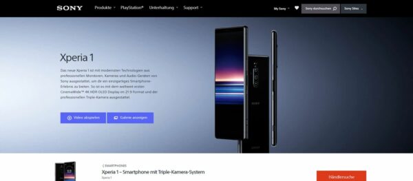 Sony Xperia 1 Screenshot Webseite Sony Xperia 1 auf der Sony-Webseite