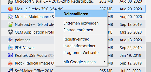 weitere Optionen im Geek Uninstaller