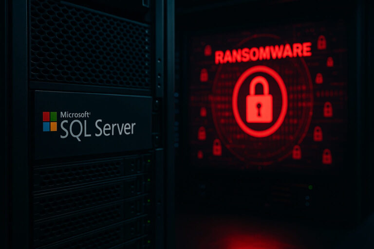 SQL Server vor Ransomware schützen – Illustration eines Serverraums mit digitaler Bedrohung