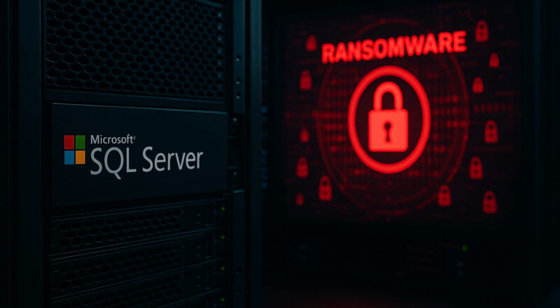 SQL Server vor Ransomware schützen – Illustration eines Serverraums mit digitaler Bedrohung