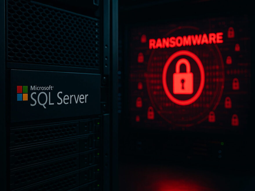 SQL Server vor Ransomware schützen – Illustration eines Serverraums mit digitaler Bedrohung