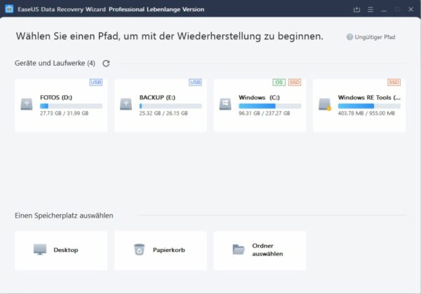EaseUS Data Recovery Wizard Free Startbildschirm