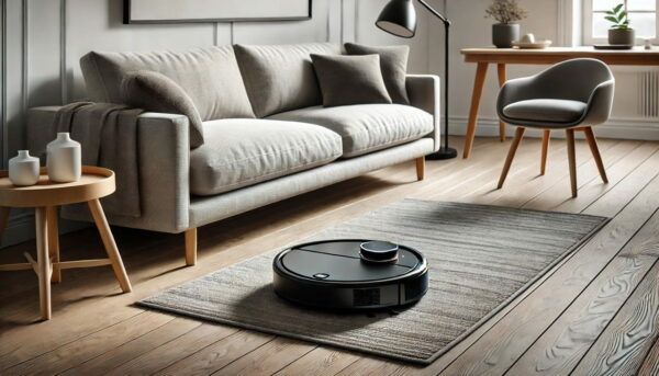 Staubsauger Roboter in Aktion unter dem Sofa Staubsauger Roboter reinigt Boden vor einem Sofa