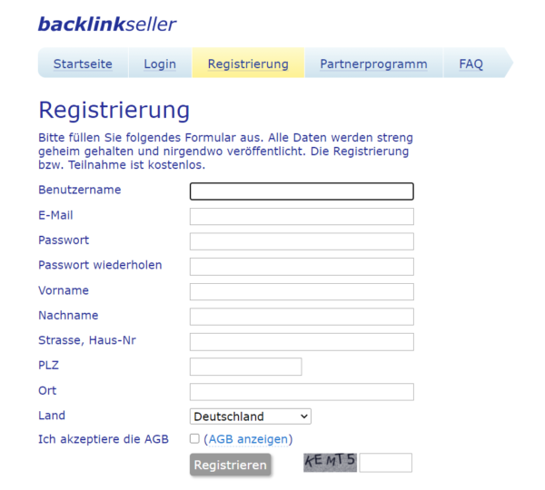 Backlinkseller Registrierung Formular