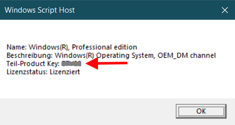 letzten 5 Zeichen der Windows 10 Seriennummer