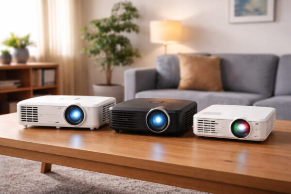 LCD-, DLP- und LED-Beamer im direkten Vergleich auf einem Tisch