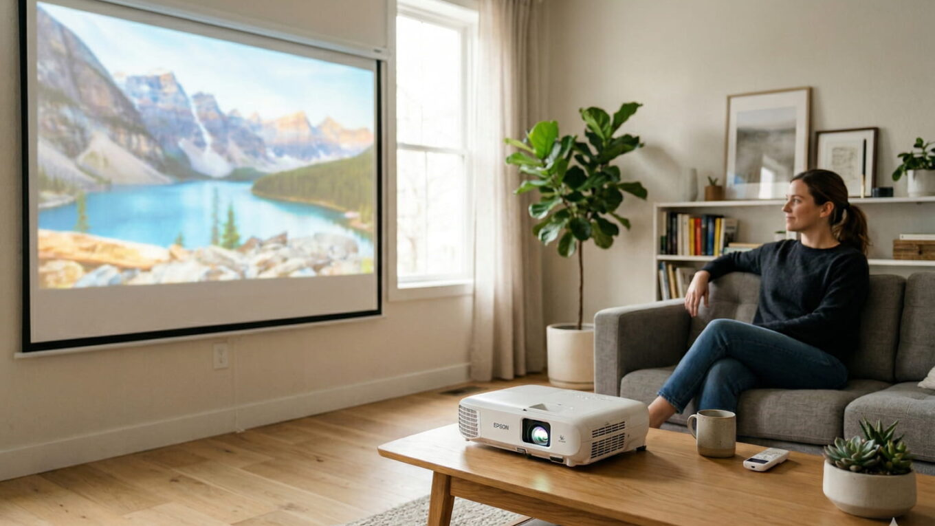 LCD-Beamer projiziert ein großes Bild auf eine Leinwand im Wohnzimmer