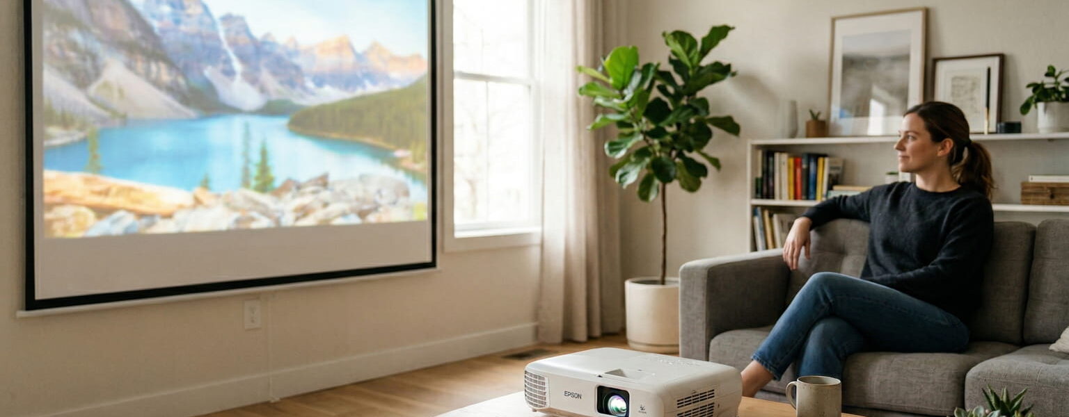 LCD-Beamer projiziert ein großes Bild auf eine Leinwand im Wohnzimmer
