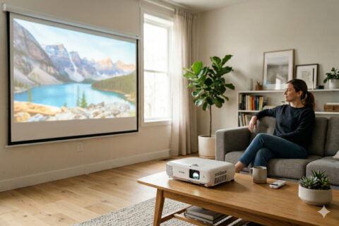 LCD-Beamer projiziert ein großes Bild auf eine Leinwand im Wohnzimmer