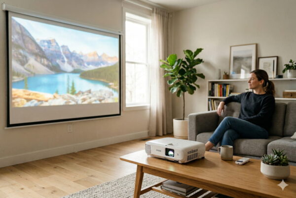 LCD-Beamer projiziert ein großes Bild auf eine Leinwand im Wohnzimmer