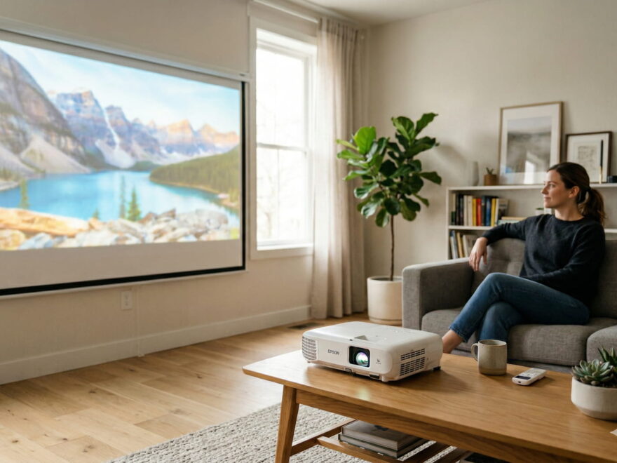 LCD-Beamer projiziert ein großes Bild auf eine Leinwand im Wohnzimmer