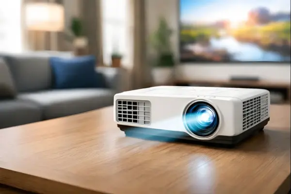 LCD-Beamer im Einsatz im Wohnzimmer LCD-Beamer im Wohnzimmer auf einem Tisch mit projiziertem Bild