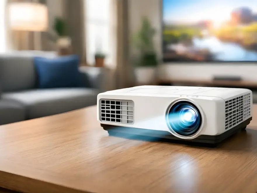 LCD-Beamer im Wohnzimmer auf einem Tisch mit projiziertem Bild