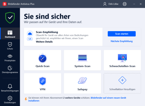 Bitdefender Antivirus Plus Dashboard