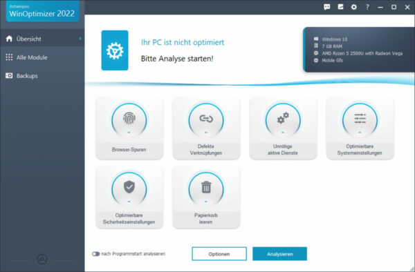 Ashampoo WinOptimizer 2022 Dashboard PC nicht optimiert