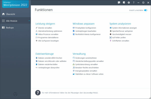 Module und Funktionen in Ashampoo WinOptimizer 2022